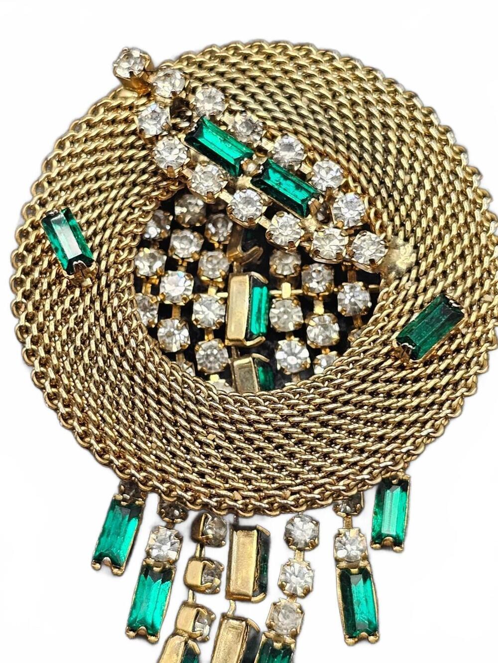 Gold Tone Green Rhinestone Dangle Brooch